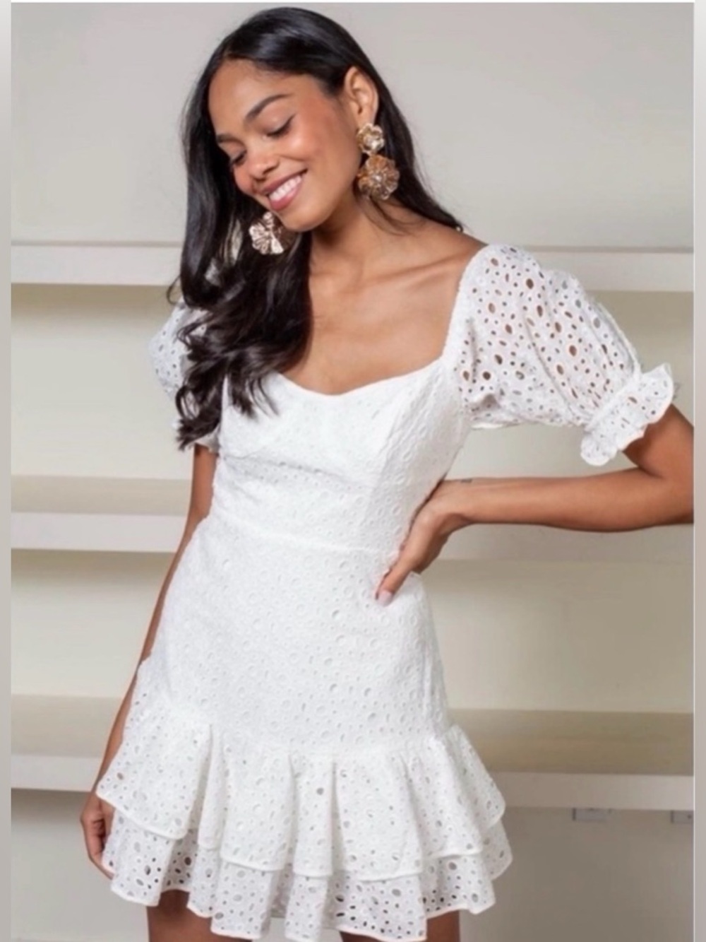ASTR The Label Roseville Pointelle Puff Sleeve Mini Dress • Size Small
